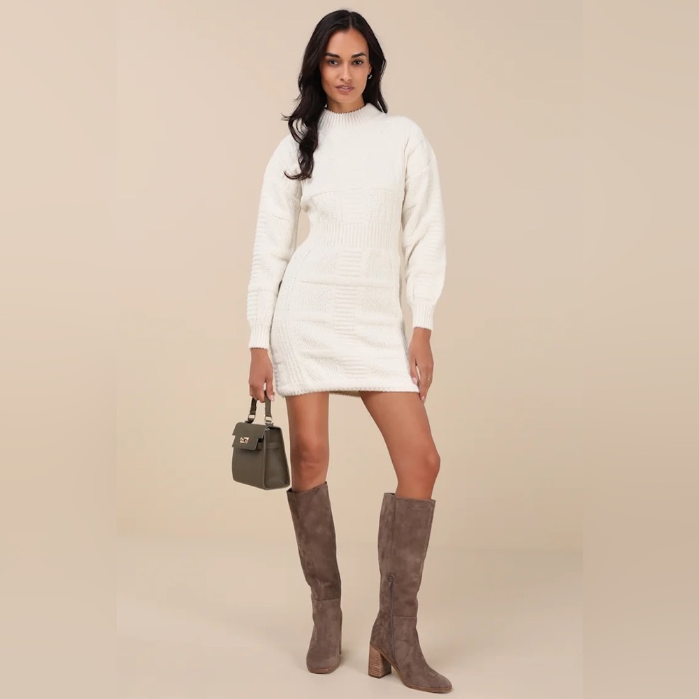 NWT Lulus Patchwork It Cream Cable Knit Cutout Sweater Dress